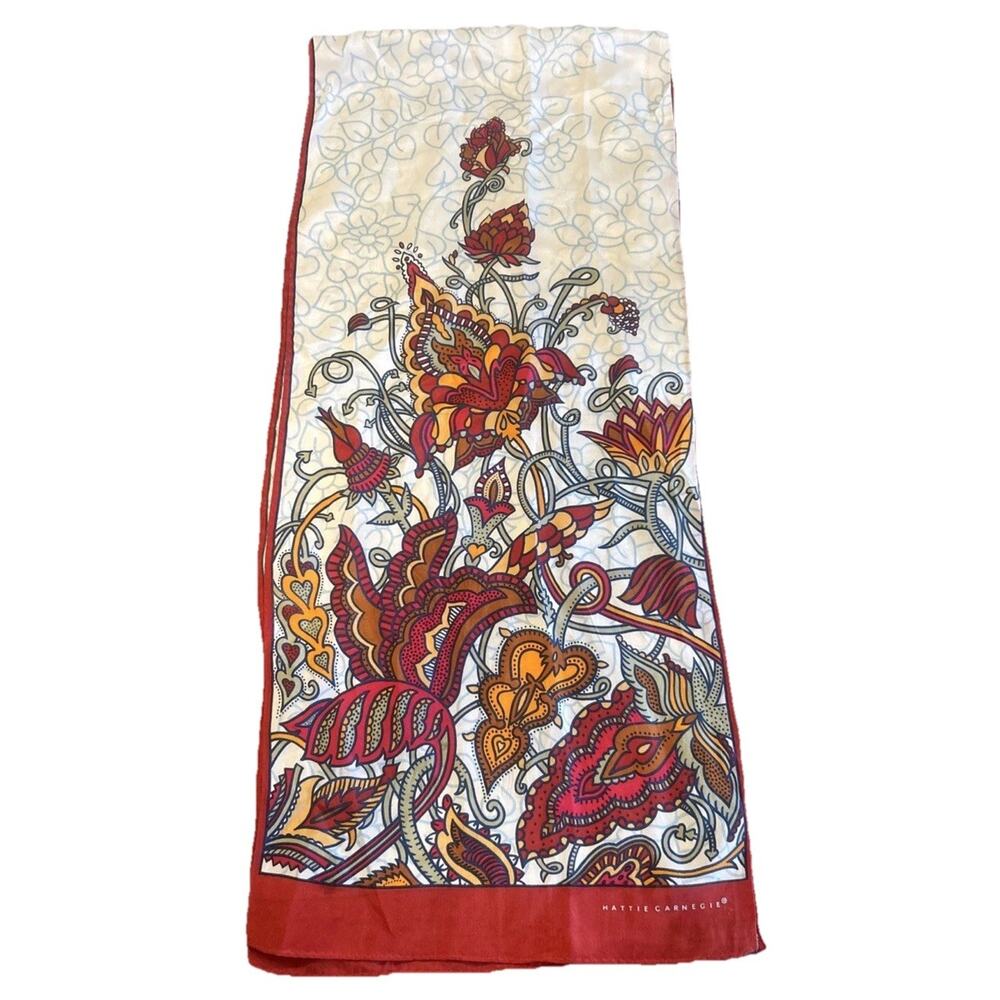 Vtg Hattie Carnegie 100% Silk Oblong Scarf White Red‎ Floral 11”x 51” Logo